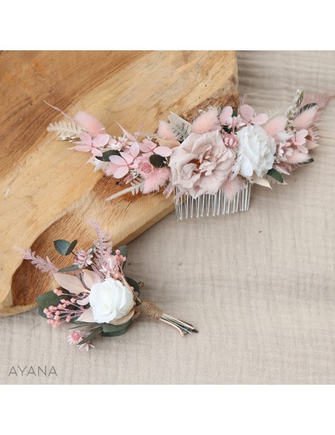 Peigne et boutonniere en fleurs stabilisees ROSA