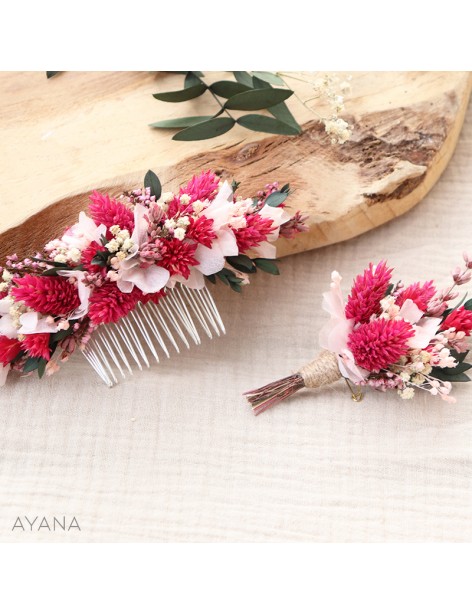 Boutonniere et peigne en fleurs stabilisées BISOUS